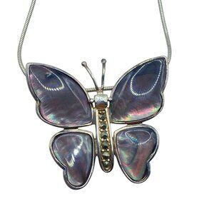 Ross Simons Sterling Silver Abalone Marcasite Butterfly Pendant Necklace Designe
